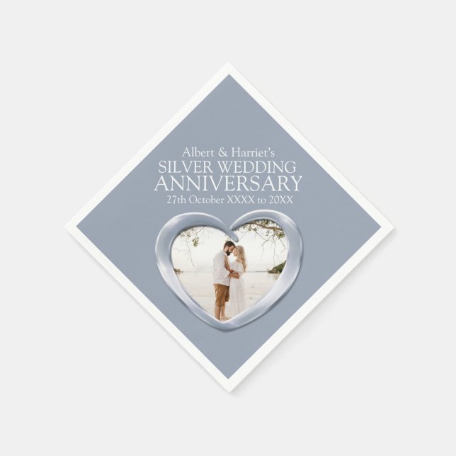 Silver anniversary heart photo names napkins (Corner)