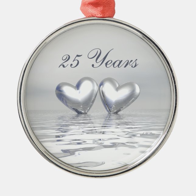 Silver Anniversary Hearts Metal Tree Decoration (Front)
