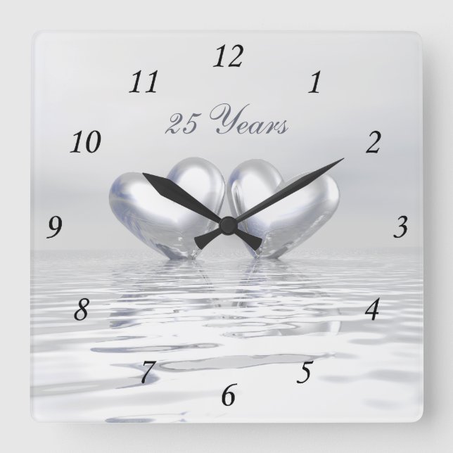 Silver Anniversary Hearts Square Wall Clock (Front)