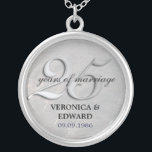 Silver Anniversary Necklace<br><div class="desc">25 years of marriage is reason to celebrate. Honour that special couple in style with this keepsake necklace. A brushed silver metal background offsets the large "2-5" overprinted with your customised text. Add the couple's name and wedding date. Matching products available. PLEASE NOTE: this item uses a closeup photograph of...</div>