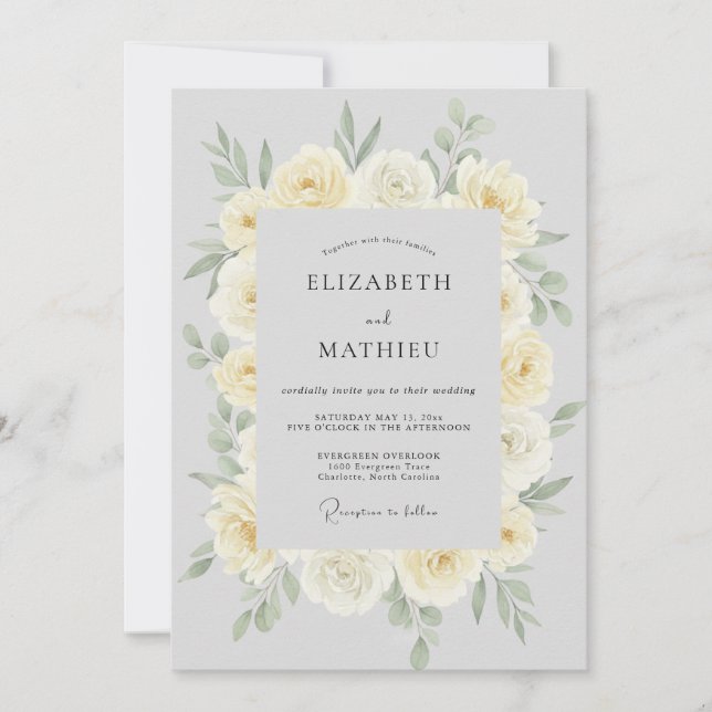 Silver Antique Cream Peony Wedding Invitation (Front)
