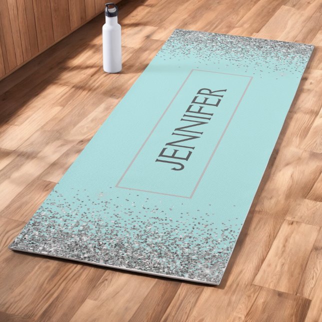 Silver Aqua Blue Glitter Monogram Name Yoga Mat (Creator Uploaded)