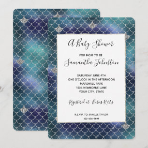 Silver Aqua Blue Mermaid Baby Shower Invitation