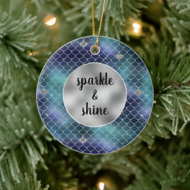 Silver Aqua Blue Mermaid Glitz Ceramic Tree Decoration (Tree)