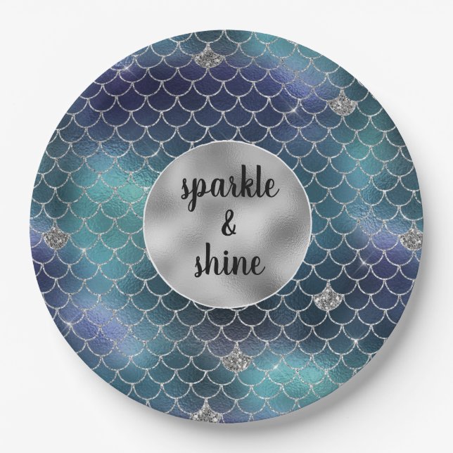 Silver Aqua Blue Mermaid Glitz Paper Plate (Front)