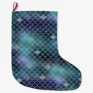 Silver Aqua Blue Mermaid Large Christmas Stocking