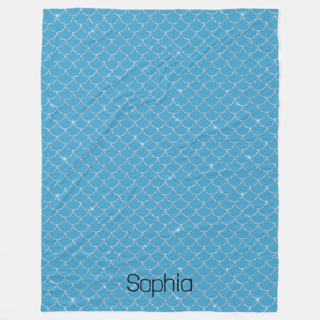 Silver Aqua Blue Mermaid Name Fleece Blanket (Front)