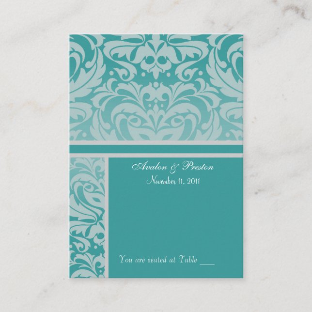 Silver & Aqua Damask  Placecard Business Card (Front)