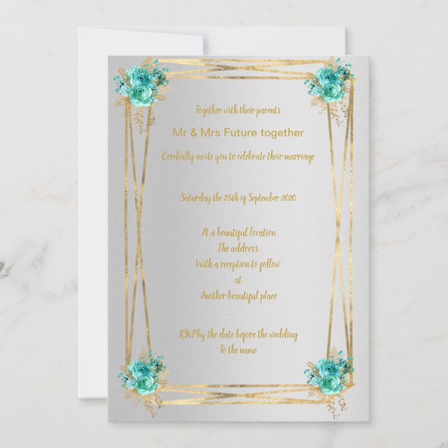 SILVER AQUA GOLD ELEGANT WEDDING INVITATION (Front)