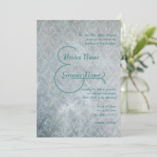 Silver Aqua Grunge Damask Wedding Invitation