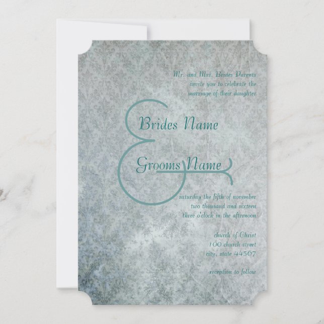 Silver Aqua Grunge Damask  Wedding Invitation (Front)