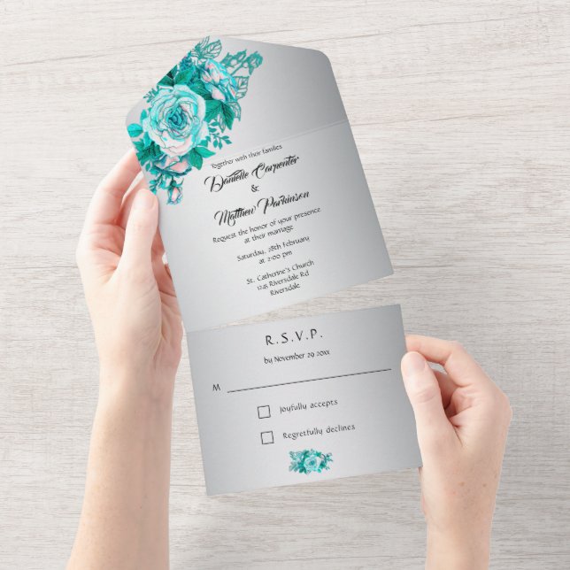 Silver Aqua Rose All in One Wedding Invitation (Tearaway)