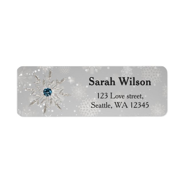 silver aqua snowflakes bridal shower address label (Front)