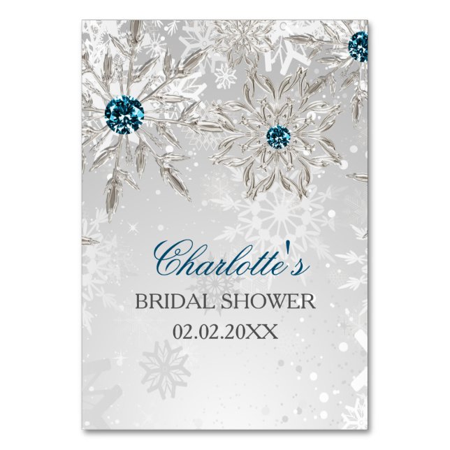 silver aqua snowflakes bridal shower bingo cards (Front)