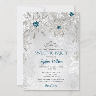 Silver Aqua Snowflakes Tiara Sweet 16  Invitation