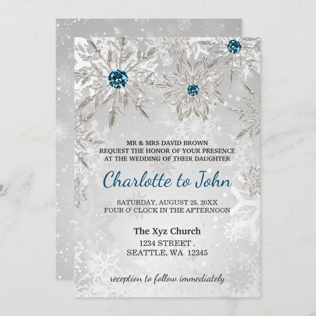 silver aqua snowflakes winter wedding invitation (Front/Back)