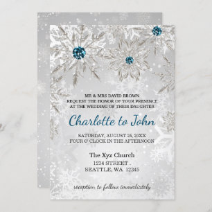 silver aqua snowflakes winter wedding invitation