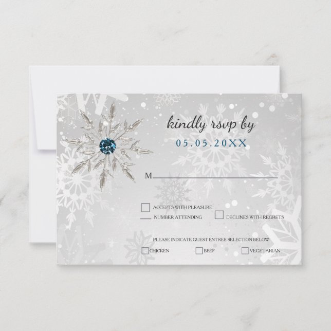 silver aqua snowflakes winter wedding rsvp invitation (Front)