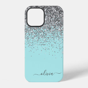 Silver Aqua Teal Blue Girly Glitter Monogram Case- iPhone 12 Case