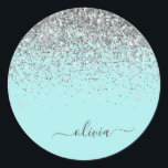 Silver Aqua Teal Blue Girly Glitter Monogram Classic Round Sticker<br><div class="desc">Silver and Aqua Teal Blue Sparkle Glitter Monogram Name and Initial Paper Party Sticker Address Labels. This makes the perfect sweet 16 birthday,  wedding,  bridal shower,  anniversary,  baby shower or bachelorette party gift for someone that loves glam luxury and chic styles.</div>