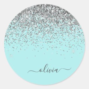 Silver Aqua Teal Blue Girly Glitter Monogram Classic Round Sticker