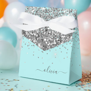 Silver Aqua Teal Blue Girly Glitter Monogram Favour Box