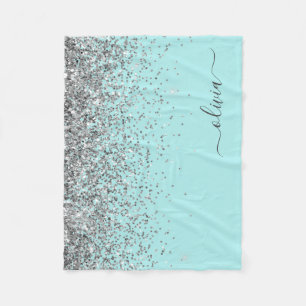 Silver Aqua Teal Blue Girly Glitter Monogram Fleece Blanket
