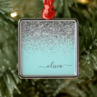 Silver Aqua Teal Blue Girly Glitter Monogram