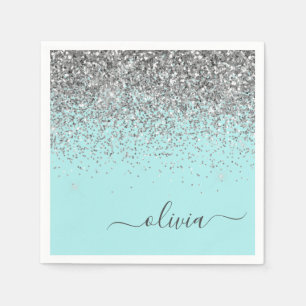 Silver Aqua Teal Blue Girly Glitter Monogram Napkin