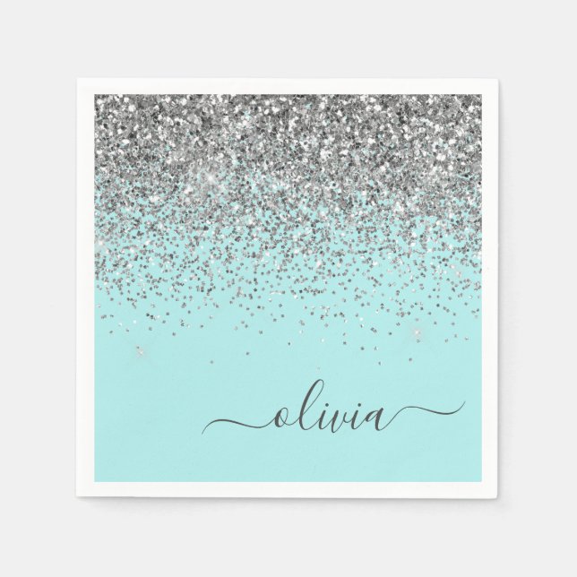 Silver Aqua Teal Blue Girly Glitter Monogram Napkin (Front)