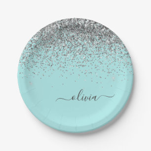 Silver Aqua Teal Blue Girly Glitter Monogram Paper Plate