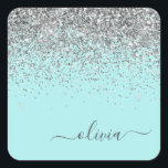 Silver Aqua Teal Blue Girly Glitter Monogram Square Sticker<br><div class="desc">Silver and Aqua Teal Blue Sparkle Glitter Monogram Name Paper Party Sticker Address Labels. This makes the perfect sweet 16 birthday,  wedding,  bridal shower,  anniversary,  baby shower or bachelorette party gift for someone that loves glam luxury and chic styles.</div>
