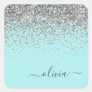 Silver Aqua Teal Blue Girly Glitter Monogram Square Sticker