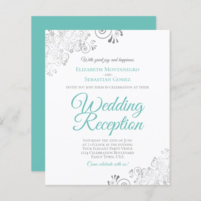 Silver Aqua White BUDGET Wedding Reception Invite (Front/Back)