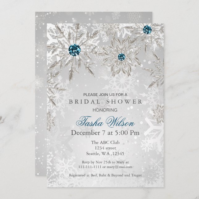 silver aqua Winter Bridal Shower Invite (Front/Back)