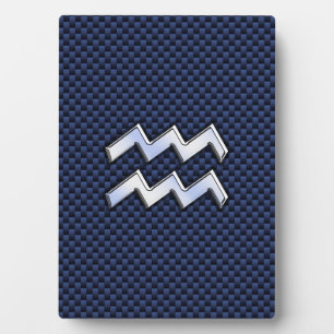 Silver Aquarius Sign on Navy Blue Carbon Fibre Art Plaque