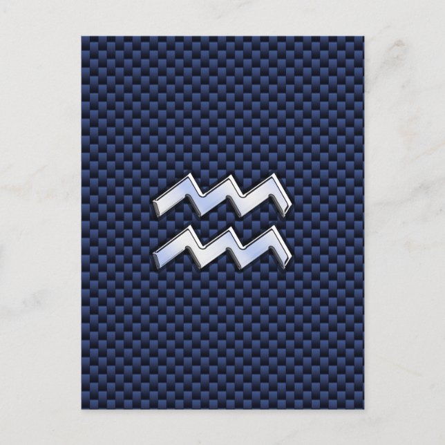 Silver Aquarius Sign on Navy Blue Carbon Fibre Art Postcard (Front)