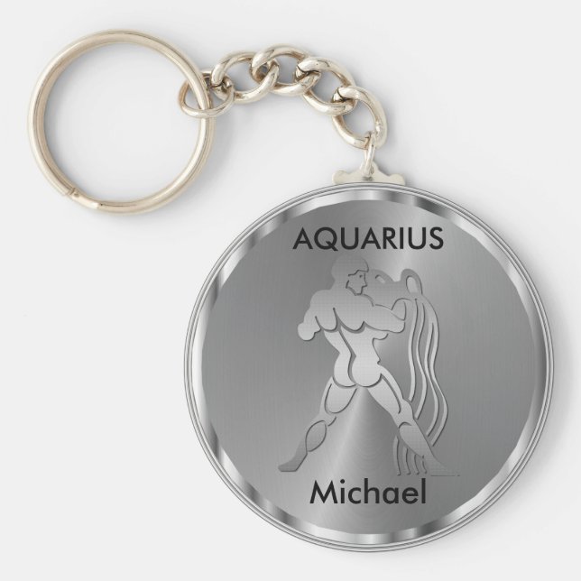 Silver Aquarius the Water Bearer - Zodiac Sign Key Ring (Front)
