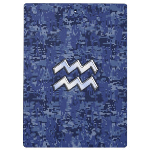 Silver Aquarius Zodiac Sign Navy Blue Digital Camo Clipboard