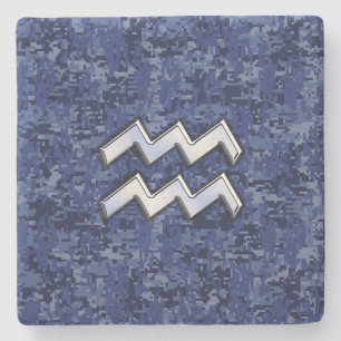 Silver Aquarius Zodiac Sign Navy Blue Digital Camo Stone Coaster