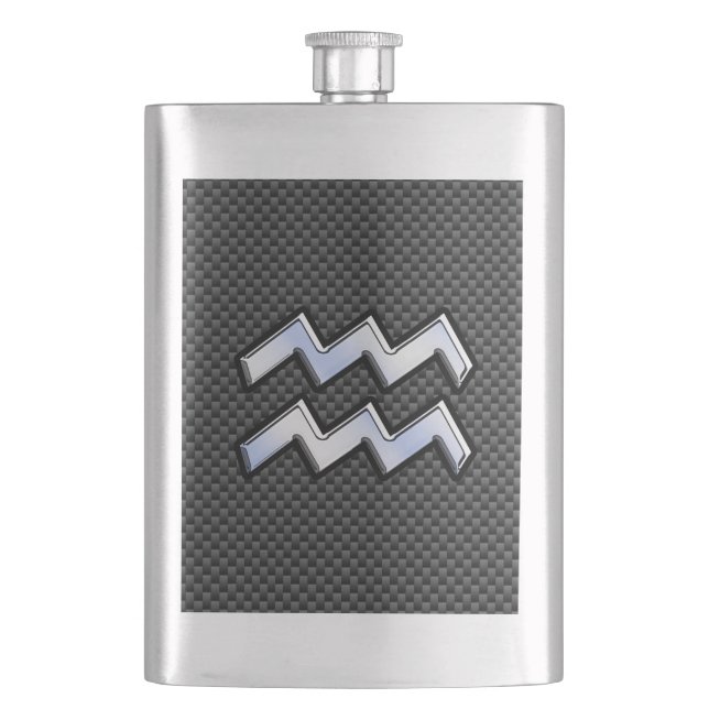 Silver Aquarius Zodiac Symbol Carbon Fibre Style Hip Flask (Front)