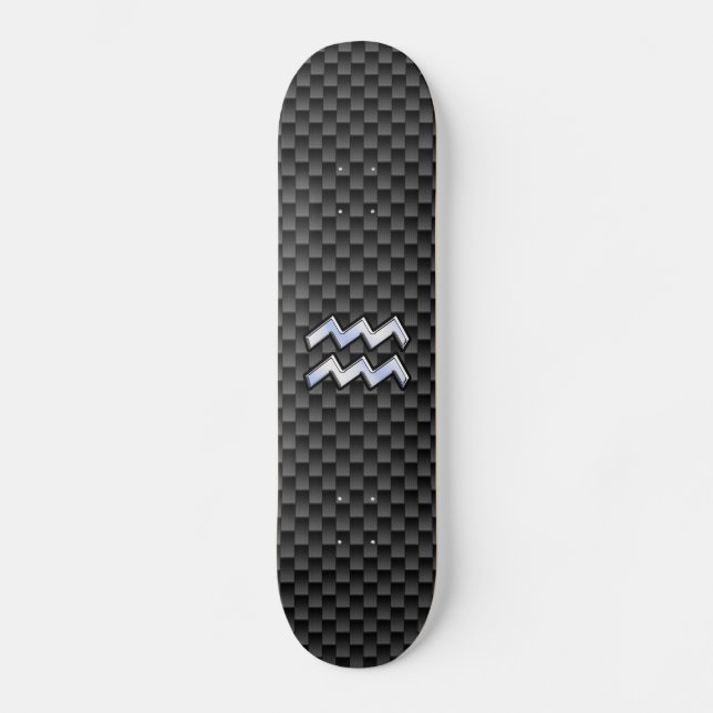Silver Aquarius Zodiac Symbol Carbon Fibre Style Skateboard (Front)