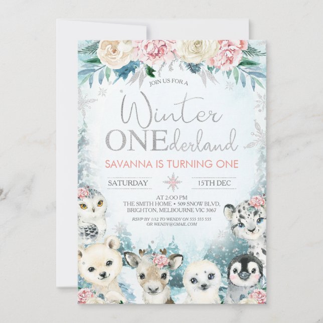 Silver Arctic Animal Winter Onederland Birthday Invitation (Front)