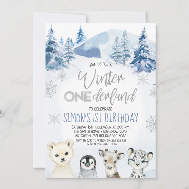 Silver Arctic Animals Winter Onederland Birthday Invitation (Front)