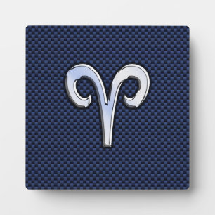 Silver Aries Zodiac Sign Blue Carbon Fibre Print Plaque