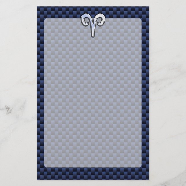 Silver Aries Zodiac Sign Blue Carbon Fibre Print Stationery (Front)