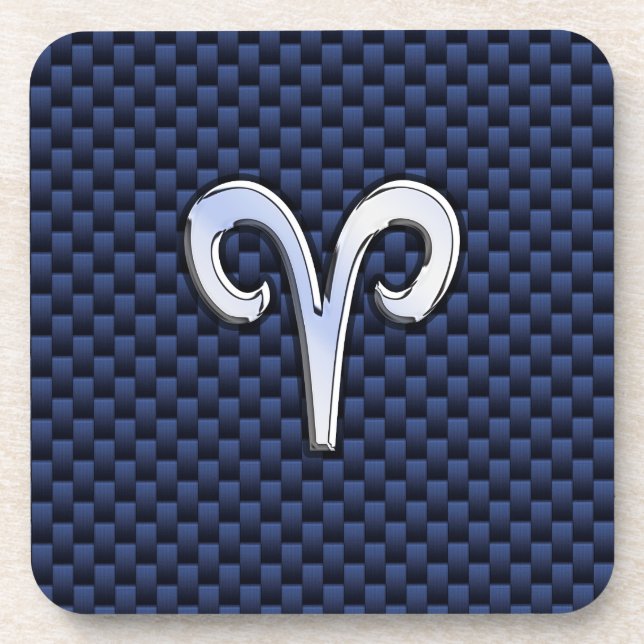 Silver Aries Zodiac Sign Navy Carbon Fibre Style Coaster (Front)