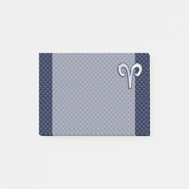 Silver Aries Zodiac Sign Navy Carbon Fibre Style Post-it Notes (Front)