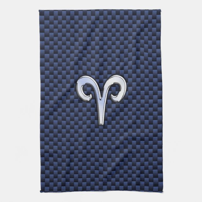 Silver Aries Zodiac Sign Navy Carbon Fibre Style Tea Towel (Vertical)
