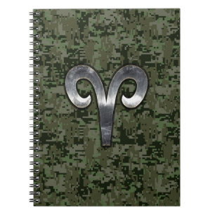 Silver Aries Zodiac Symbol Green Digital Camo Spiral Notebook